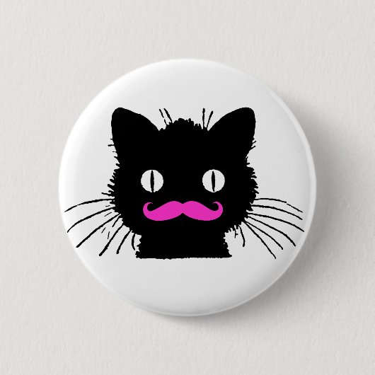 FUNNY PINK MUSTACHE BLACK CAT RONDE BUTTON 5,7 CM (Voorkant)