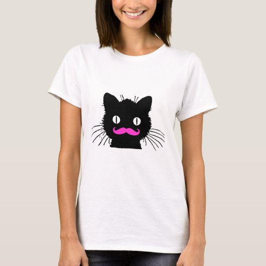 FUNNY PINK MUSTACHE BLACK CAT T-SHIRT (Voorkant)