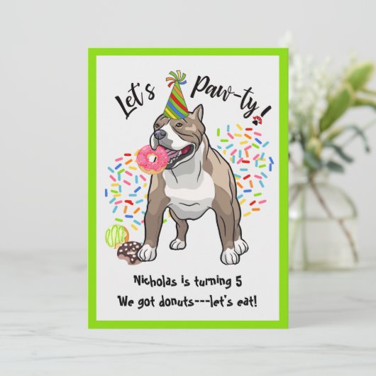 Funny Pitbull Dog Donuts Birthday Party Kaart (Staand voorkant)