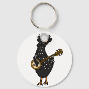 Funny Poolse Chicken Play Banjo Art Sleutelhanger