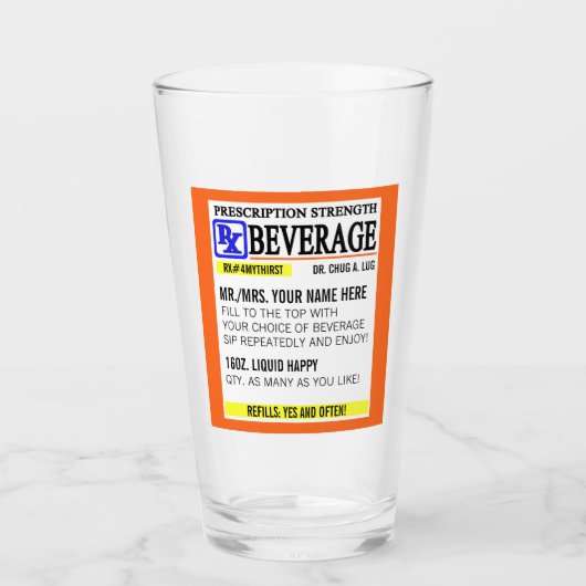 Funny Prescription Label Pint Glass Glas (Voorkant)
