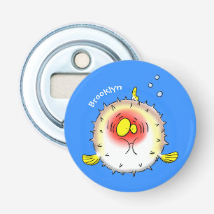 Funny puffer fish porcupine fish cartoon button flesopener