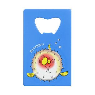 Funny puffer fish porcupine fish cartoon kredietkaart flessenopener