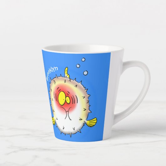 Funny puffer fish porcupine fish cartoon latte mok (Rechts)