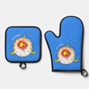 Funny puffer fish porcupine fish cartoon ovenwant & pannenlap set
