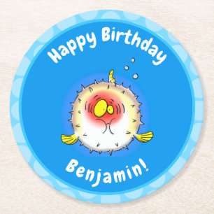 Funny puffer fish porcupine fish cartoon ronde kartonnen onderzetter