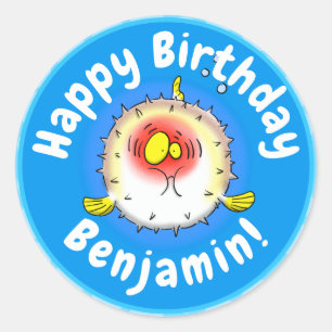 Funny puffer fish porcupine fish cartoon ronde sticker