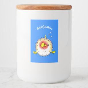 Funny puffer fish porcupine fish cartoon voedselcontainer etiket
