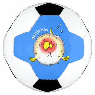Funny puffer fish porcupine fish cartoon voetbal