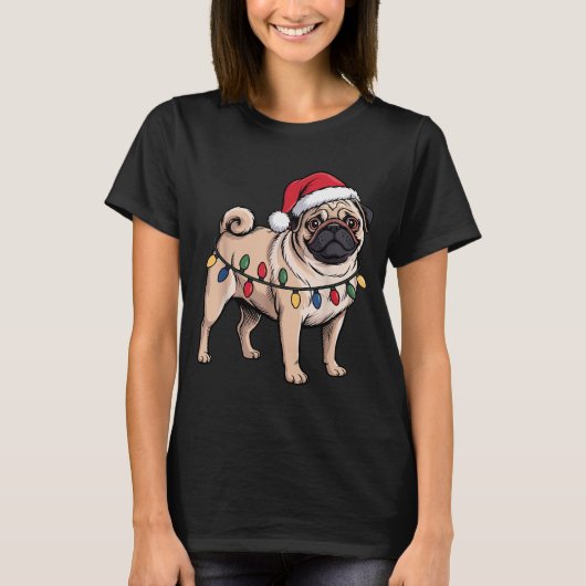 Funny Pug Christmas Santa Hat Xmas Lights T-shirt (Voorkant)