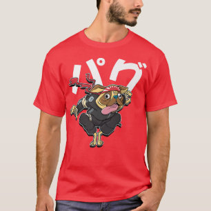 Funny Pug Dog als Japanse Samurai Comic Art Graphi T-shirt