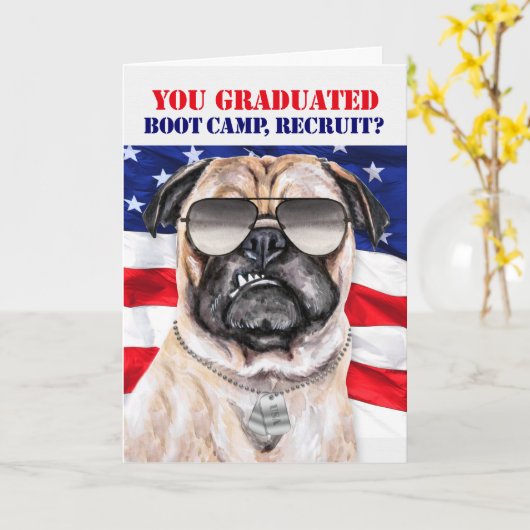 Funny Pug Dog met VS Boot Camp Afstuderen Kaart (Gele Bloem)