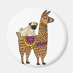 Funny Pug Dog Riding Llama Cartoon Magneet
