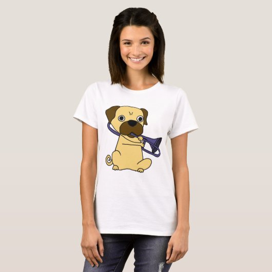 Funny Pug Dog Spelling Trombone T-shirt (Voorkant volledig)