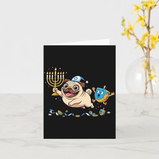 Funny Pug Dreidel Menorah Hanukkah Kids Womens Men Kaart (Gele Bloem)
