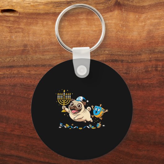 Funny Pug Dreidel Menorah Hanukkah Kids Womens Men Sleutelhanger (Voorkant)