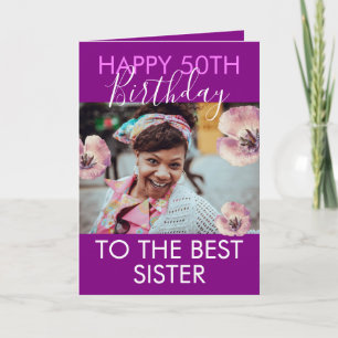 Funny Purple Floral Photo Sister 50th Birthday Kaart