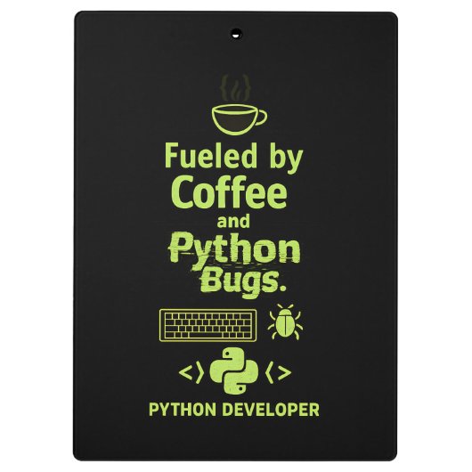 Funny Python Developer – Fueled by Coffee bugs  Klembord (Achterkant)