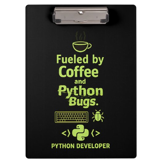 Funny Python Developer – Fueled by Coffee bugs  Klembord (Voorkant)