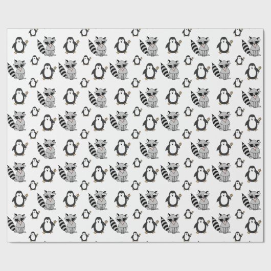 Funny Raccoon en Penguin Pattern Cadeaupapier (Vlak)