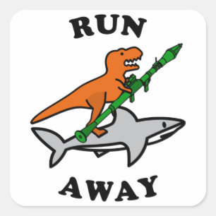 Funny Raptor met Rocket Launcher die een haai uitr Vierkante Sticker