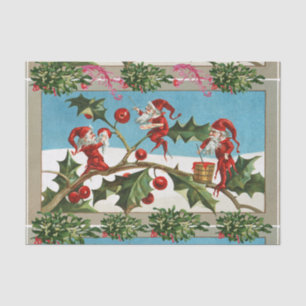 FUNNY RED CHRISTMAS ELVES, HOLLYBERRIES, MISTLETOE TISSUEPAPIER