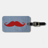Funny Red Mustache en Blue White Stripes Bagagelabel (Voorkant horizontaal)
