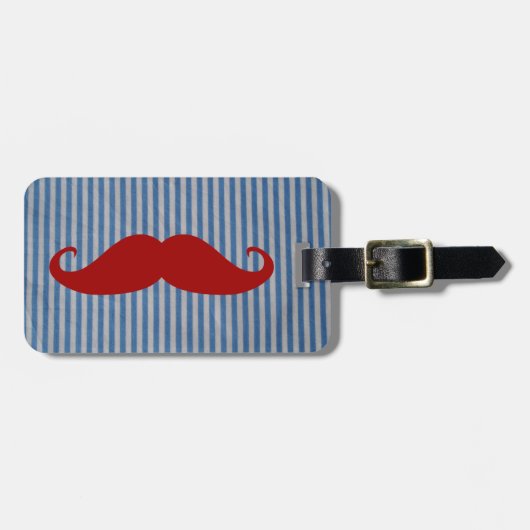 Funny Red Mustache en Blue White Stripes Bagagelabel (Voorkant horizontaal)