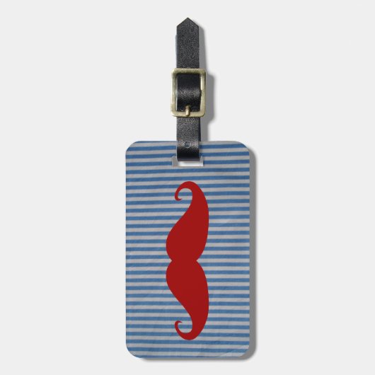 Funny Red Mustache en Blue White Stripes Bagagelabel (Voorkant verticaal)