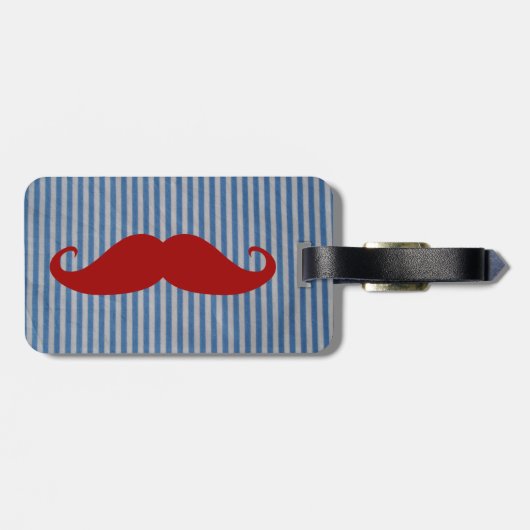 Funny Red Mustache en Blue White Stripes Bagagelabel (Achterkant horizontaal)