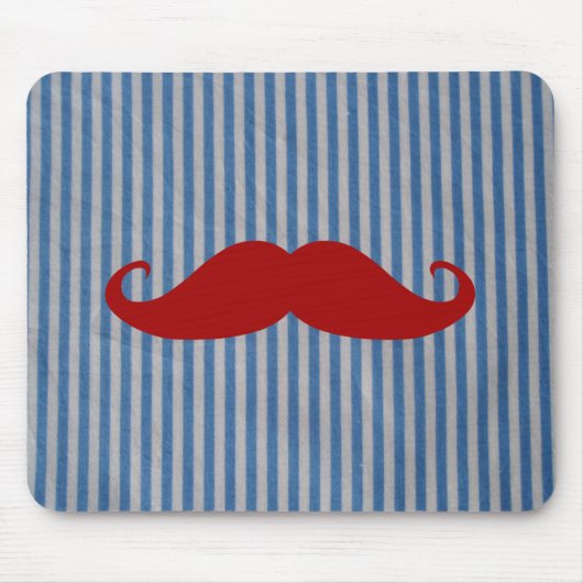 Funny Red Mustache en Blue White Stripes Muismat (Voorkant)