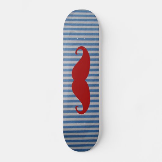 Funny Red Mustache en Blue White Stripes Skateboard (Voorkant)