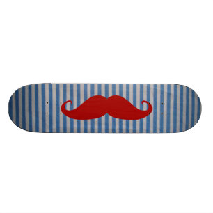 Funny Red Mustache en Blue White Stripes Skateboard