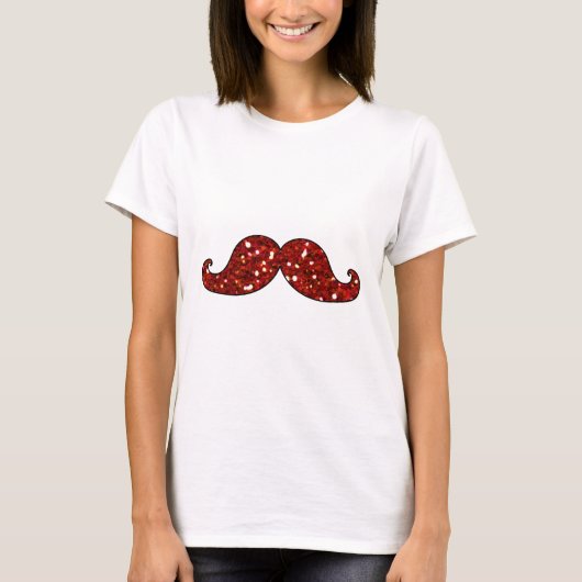 FUNNY RED MUSTACHE PRINTED GLITTER T-SHIRT (Voorkant)