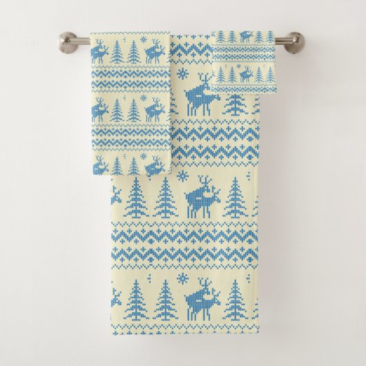 Funny Reindeer Christmas Tree Snow Blue Pattern Bad Handdoek (Insitu)