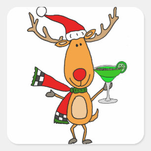 Funny Reindeer Drink Margarita kerstkunst Vierkante Sticker