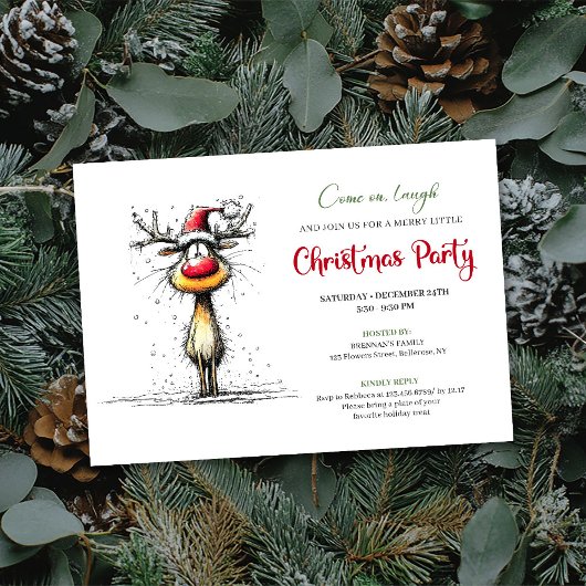 Funny Reindeer Hand Drawn Holiday Party Card Kaart