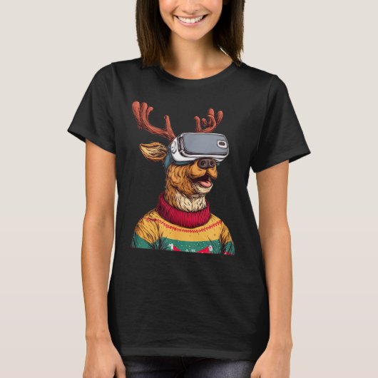 Funny Reindeer In Christmas Sweater And Vr Headset T-shirt (Voorkant)