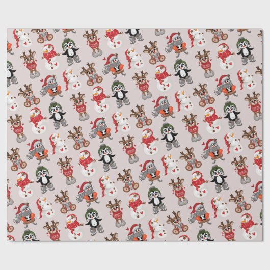 Funny Reindeer met Snow Man Kerstmis  Cadeaupapier (Vlak)