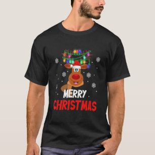 Funny Reindeer Santa Hat Xmas Lights Merry Christm T-shirt