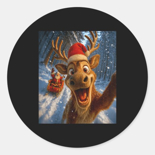 Funny Reindeer Selfie Santa Merry Christmas Men Wo Ronde Sticker (Voorkant)