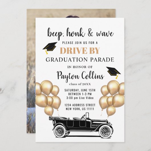 Funny Retro Car DRIVE, PHOTO Graduparty in Kaart (Voorkant / Achterkant)