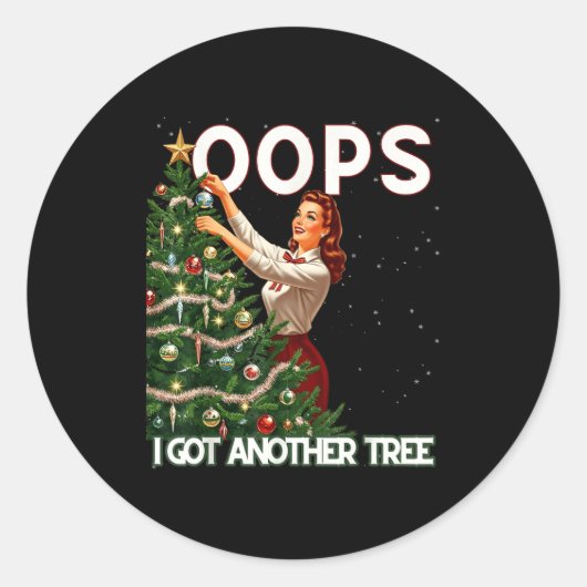 Funny Retro Christmas Oops I Got Another Tree Ronde Sticker (Voorkant)