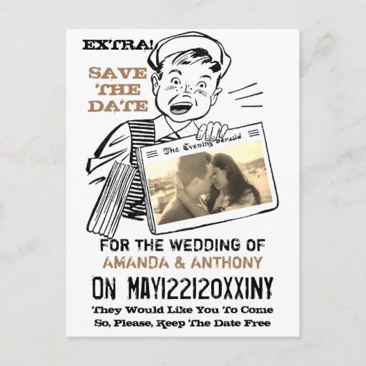 Funny retro douanefoto sparen de datum uitnodiging briefkaart (Voorkant)