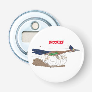 Funny roadrunner bird cartoon illustration button flesopener