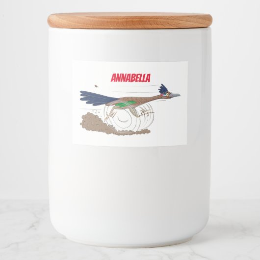 Funny roadrunner bird cartoon illustration voedselcontainer etiket (Voorkant)