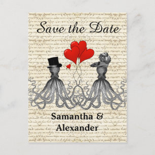 Funny romantic octopus steampunk save the date aankondigingskaart