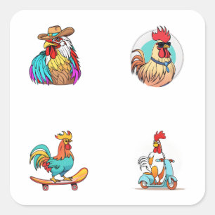 Funny Rooster Cartoon Karakter 4 Pack Stickers