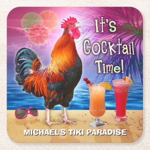 Funny Rooster Chicken Cocktail Tropical Beach Name Vierkante Kartonnen Onderzetter