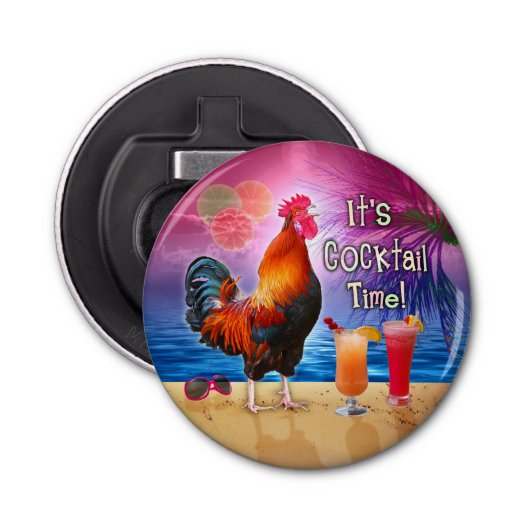 Funny Rooster Chicken Drink tropisch strand Zee Button Flesopener (Voorkant)